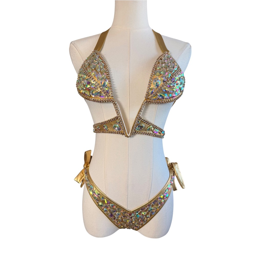 Gold Metallic Rhinestone Crystal Embellished Bikini Set Festival Rave Wear
